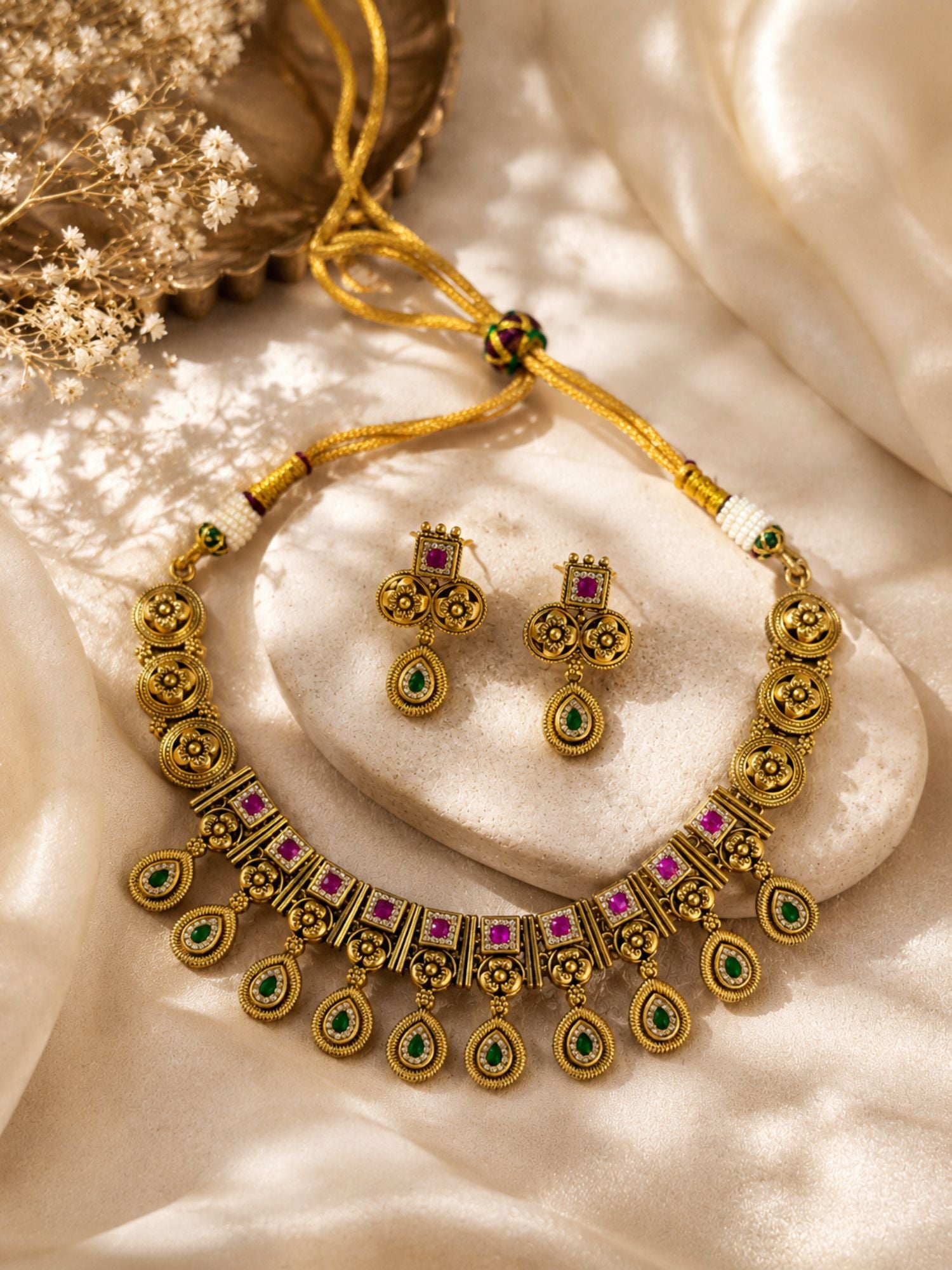 Antique Gold Plated Temple Necklace Set with Bangles Combo for Women