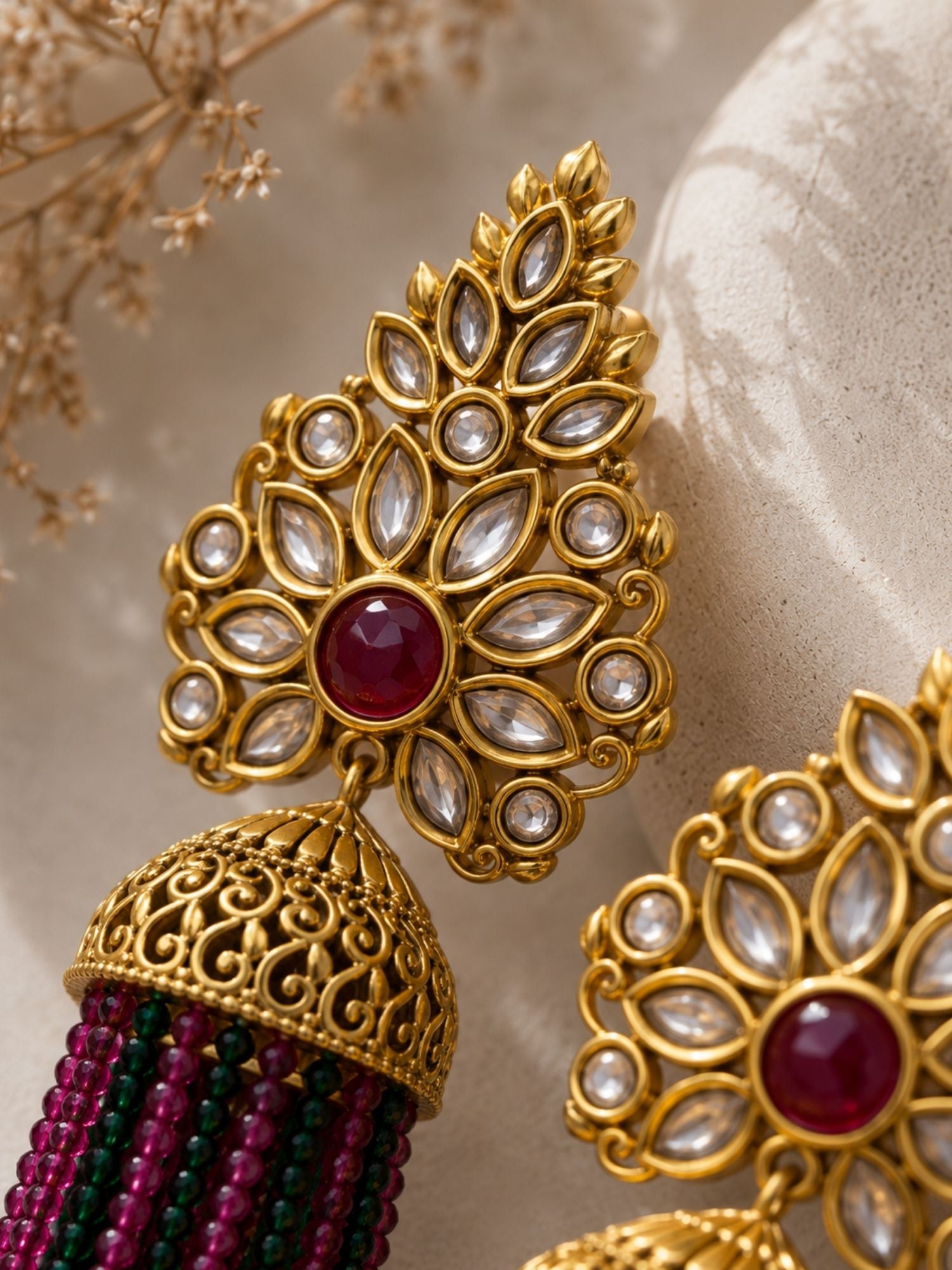Traditional Pink Green Beaded Jhumka Earrings – Kundan Tassel Statement Earrings - earrings by Abdesigns Jewellery