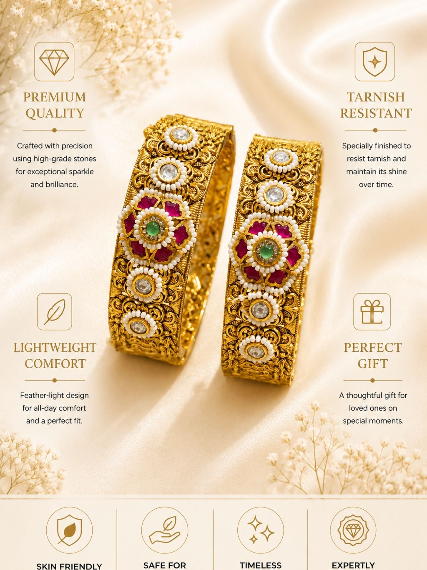 Antique Ahmedabadi Jadau Gold Kundan Floral Bangles – Bridal Set | Abdesigns
