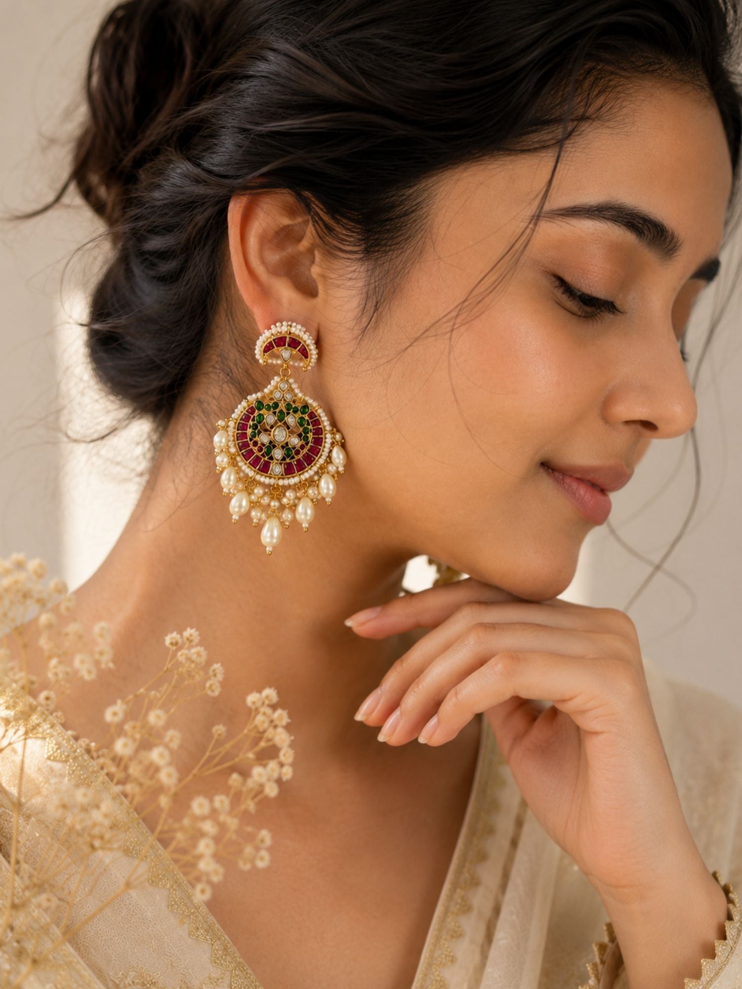 Abdesigns Pachi Kundan Multicolour Pearl Chandbali Earrings