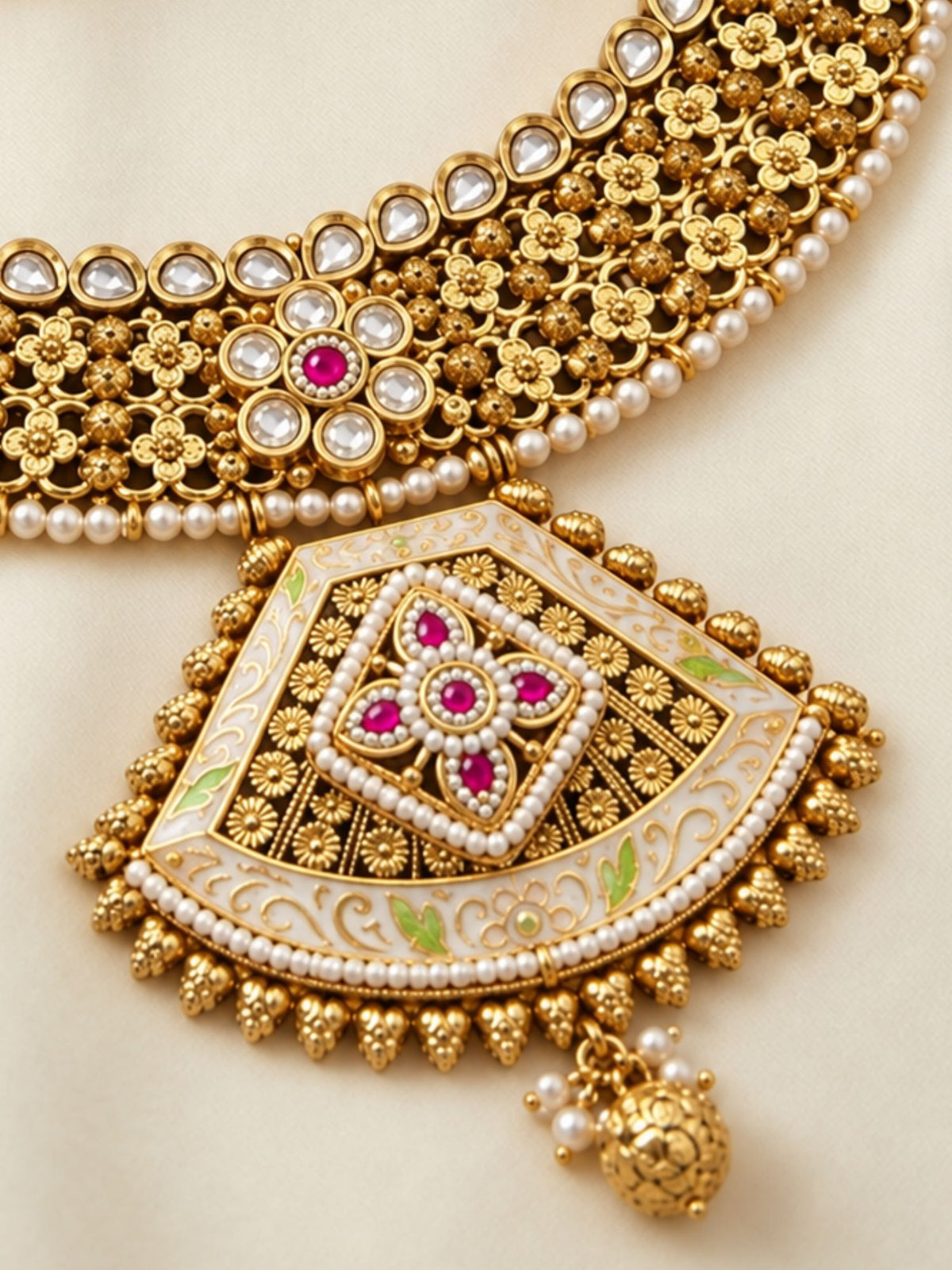 Abdesigns Classic Antique Gold Choker Set with Pearl Detailing & Jhumkas