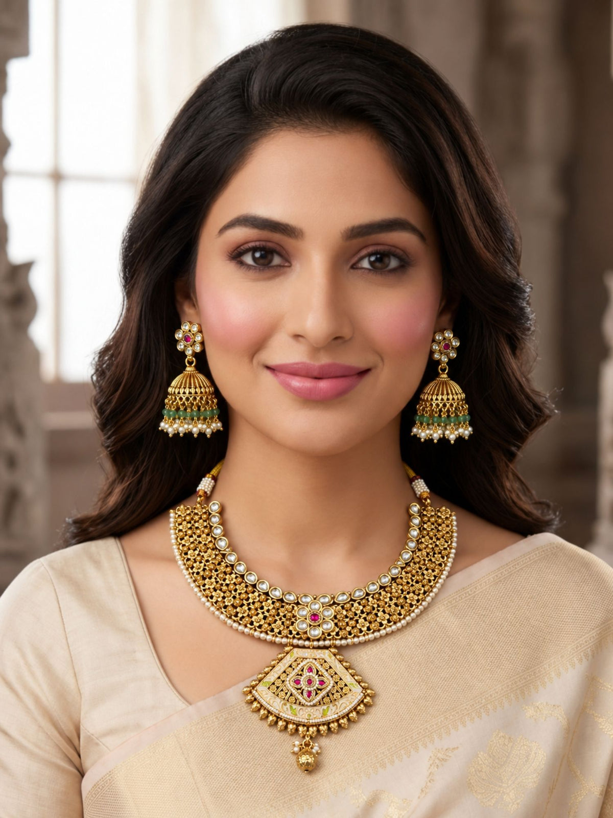 Abdesigns Classic Antique Gold Choker Set with Pearl Detailing & Jhumkas