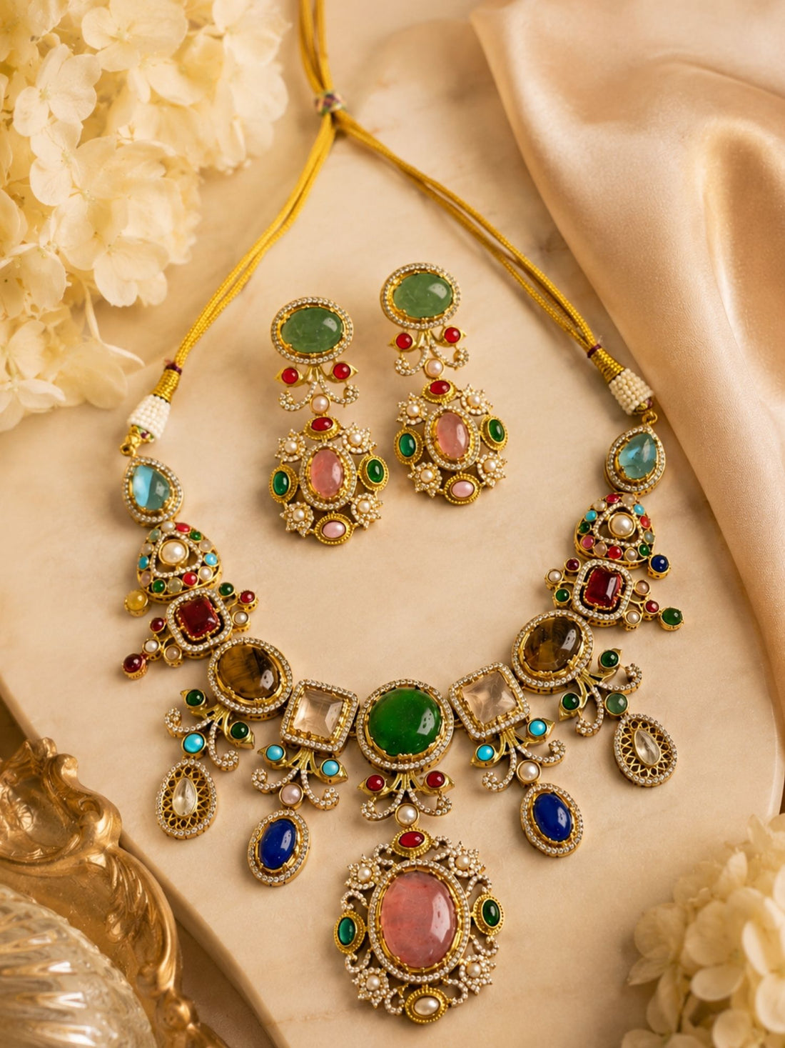 Multicolor Stone Pendant Choker Necklace Set | Abdesigns
