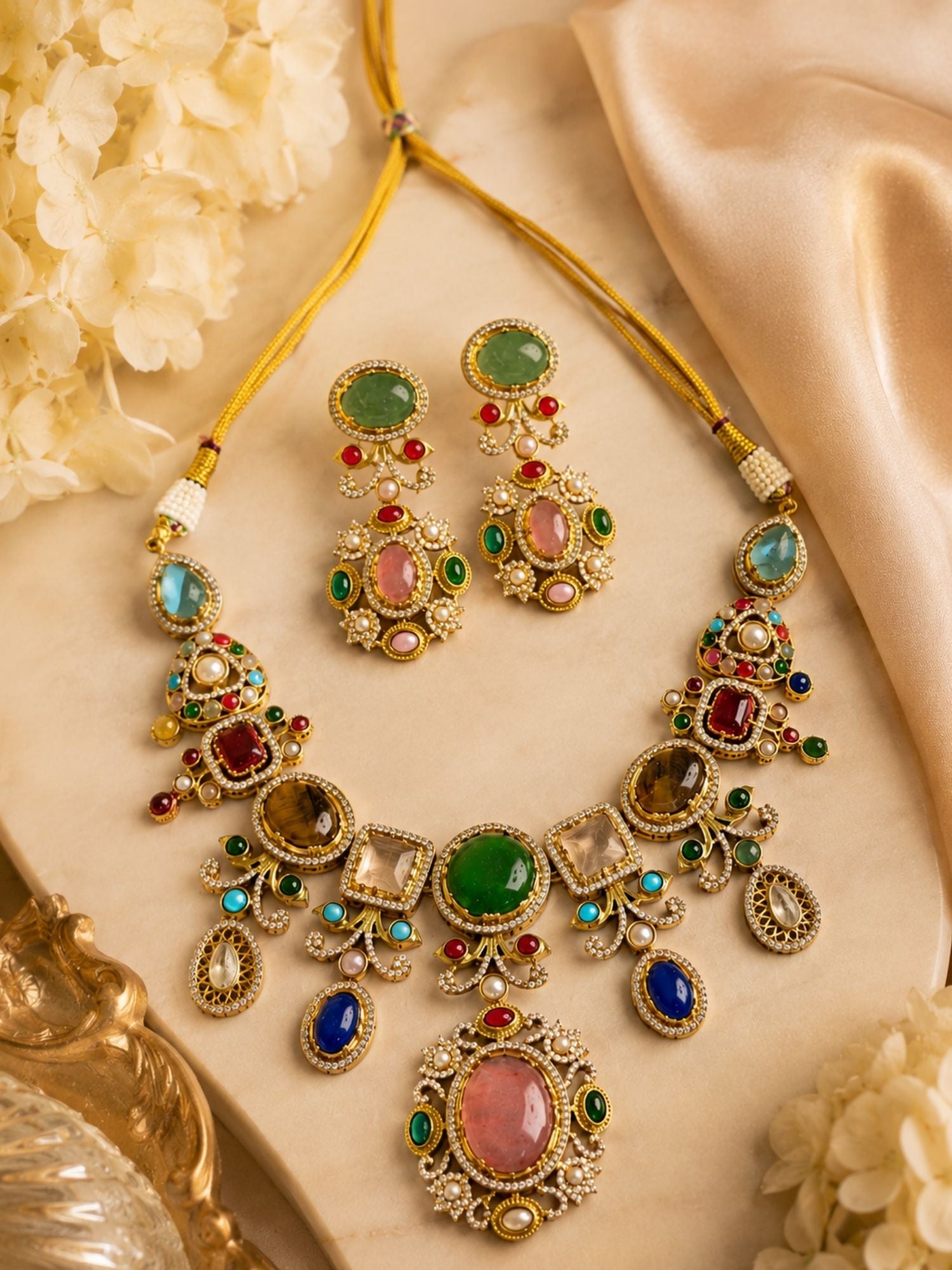Multicolor Stone Pendant Choker Necklace Set | Abdesigns