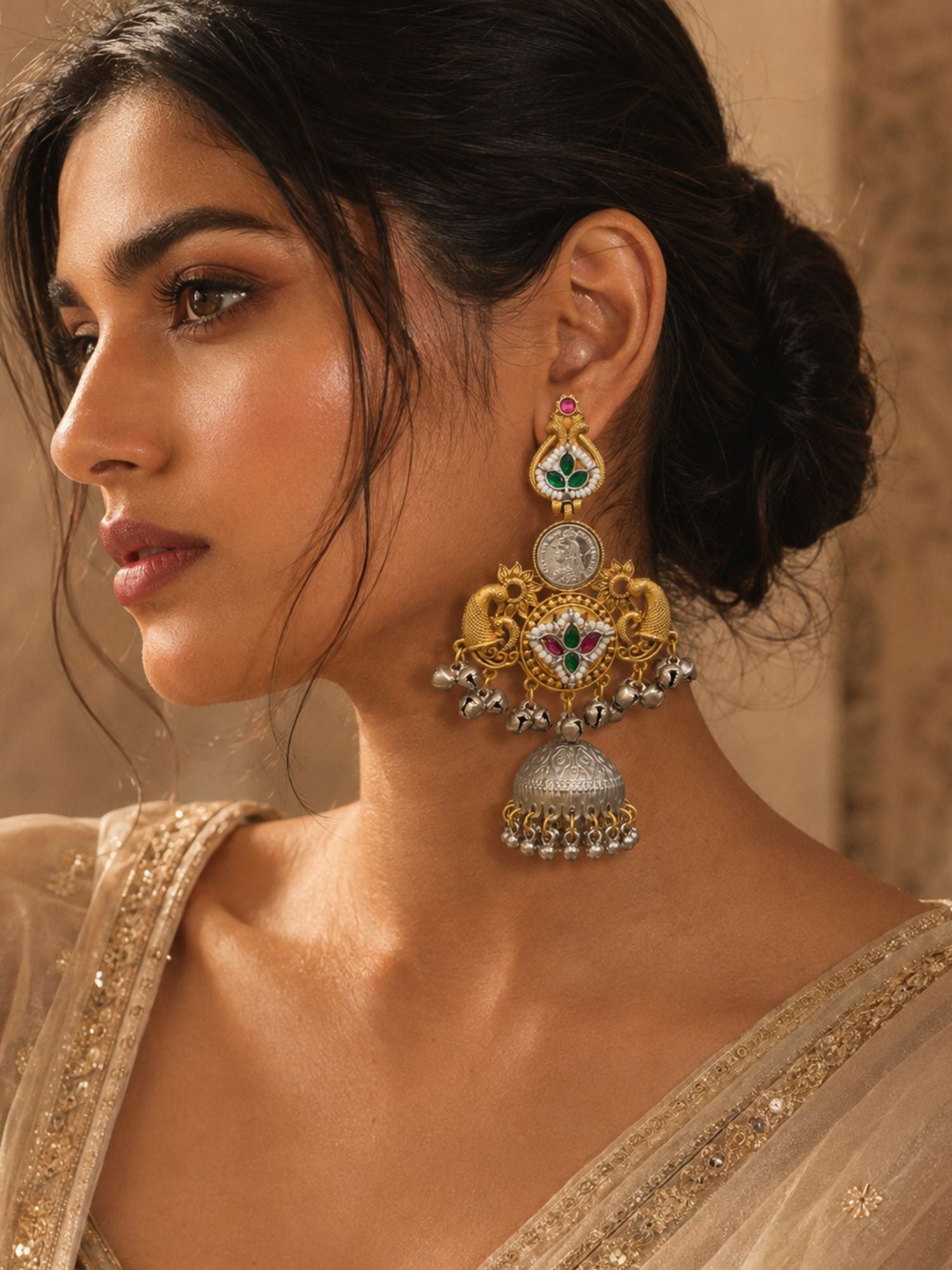 Set of 4 Oxidised Jhumka & Pearl Earrings for Women