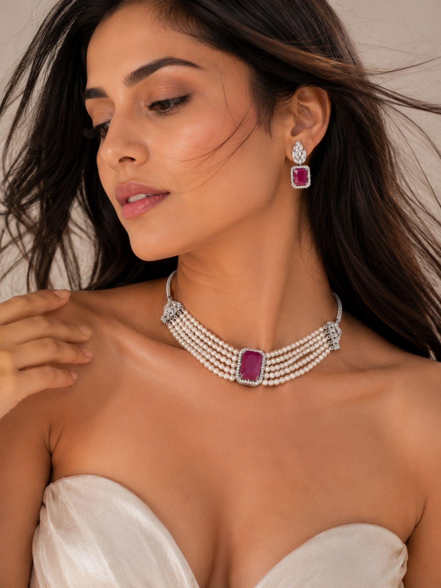 Ruby Pearl Choker Set in Silver Plating – Bridal | Abdesigns
