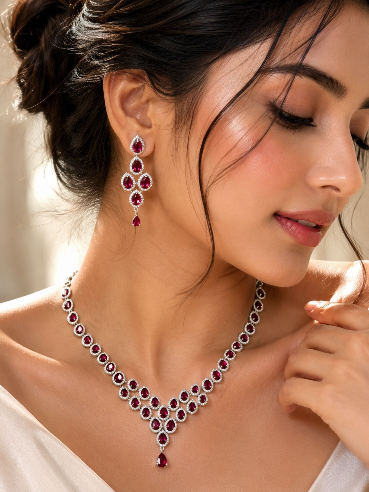 Silver Tone Cz Ruby Necklace Set Elegant Glam | Abdesigns