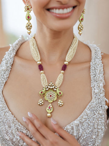 Meenakari Kundan Peacock Mala Necklace Set with Earrings