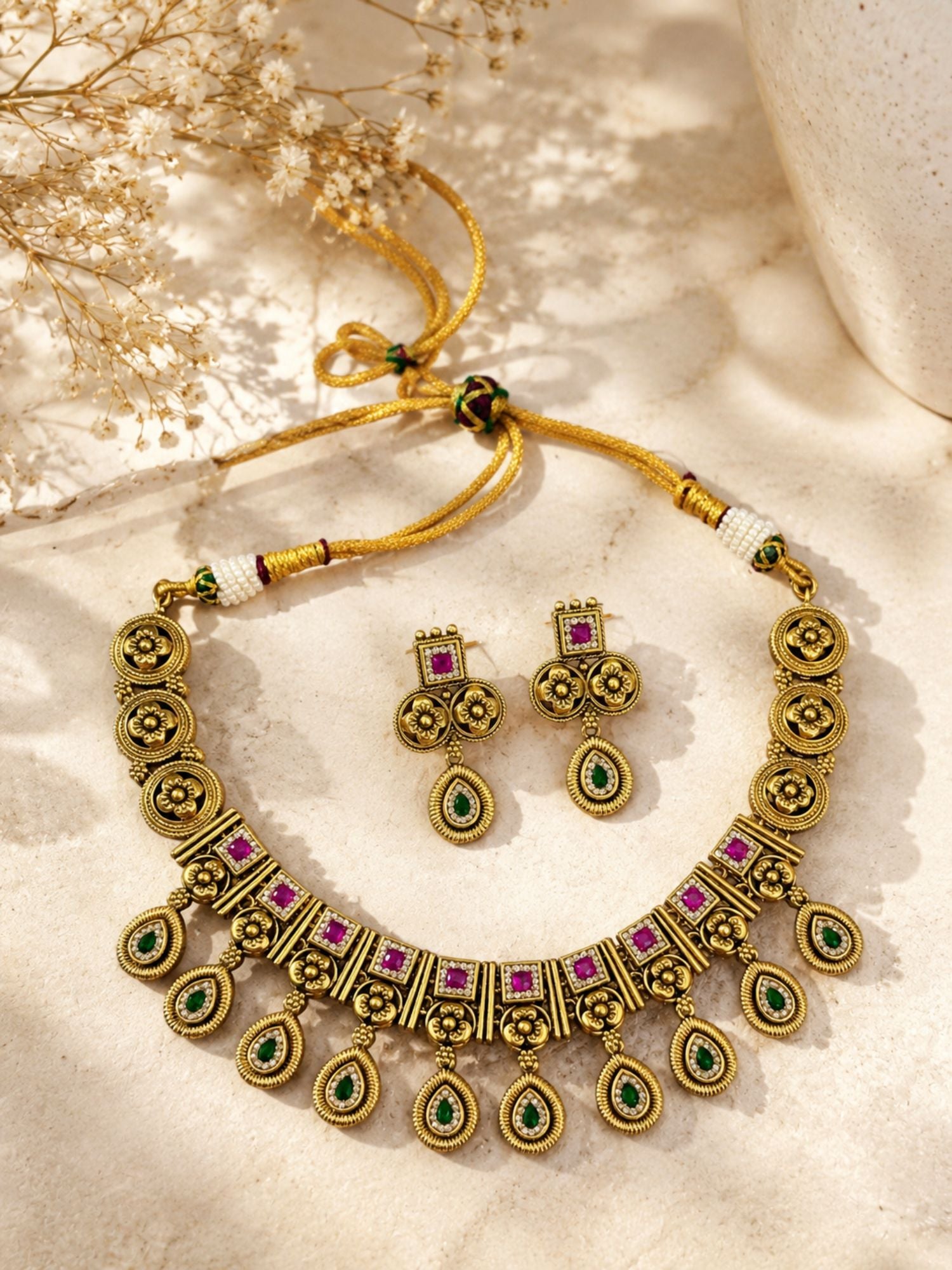 Antique Gold Plated Temple Necklace Set with Bangles Combo for Women