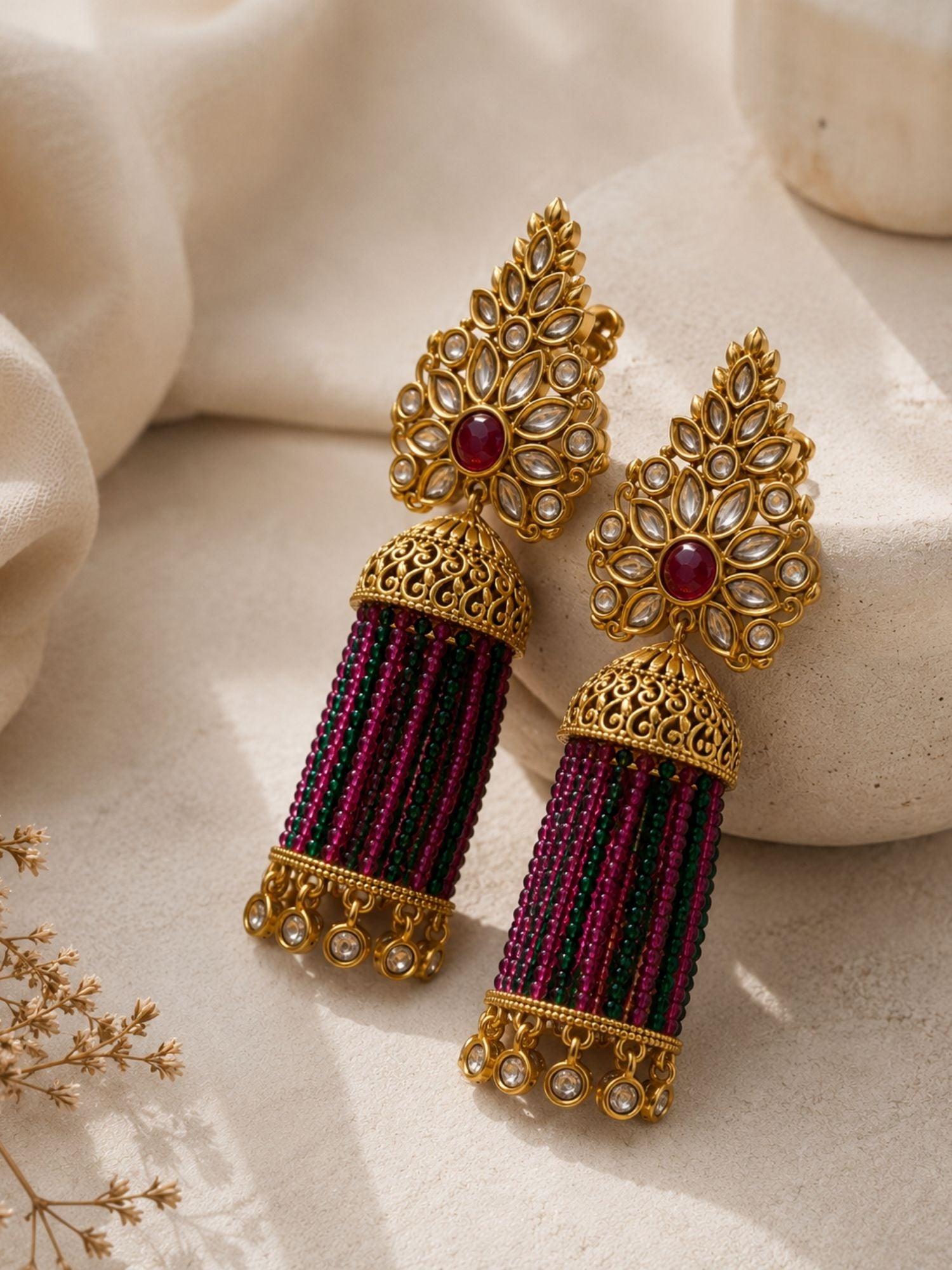 Traditional Pink Green Beaded Jhumka Earrings – Kundan Tassel Statement Earrings - earrings by Abdesigns Jewellery