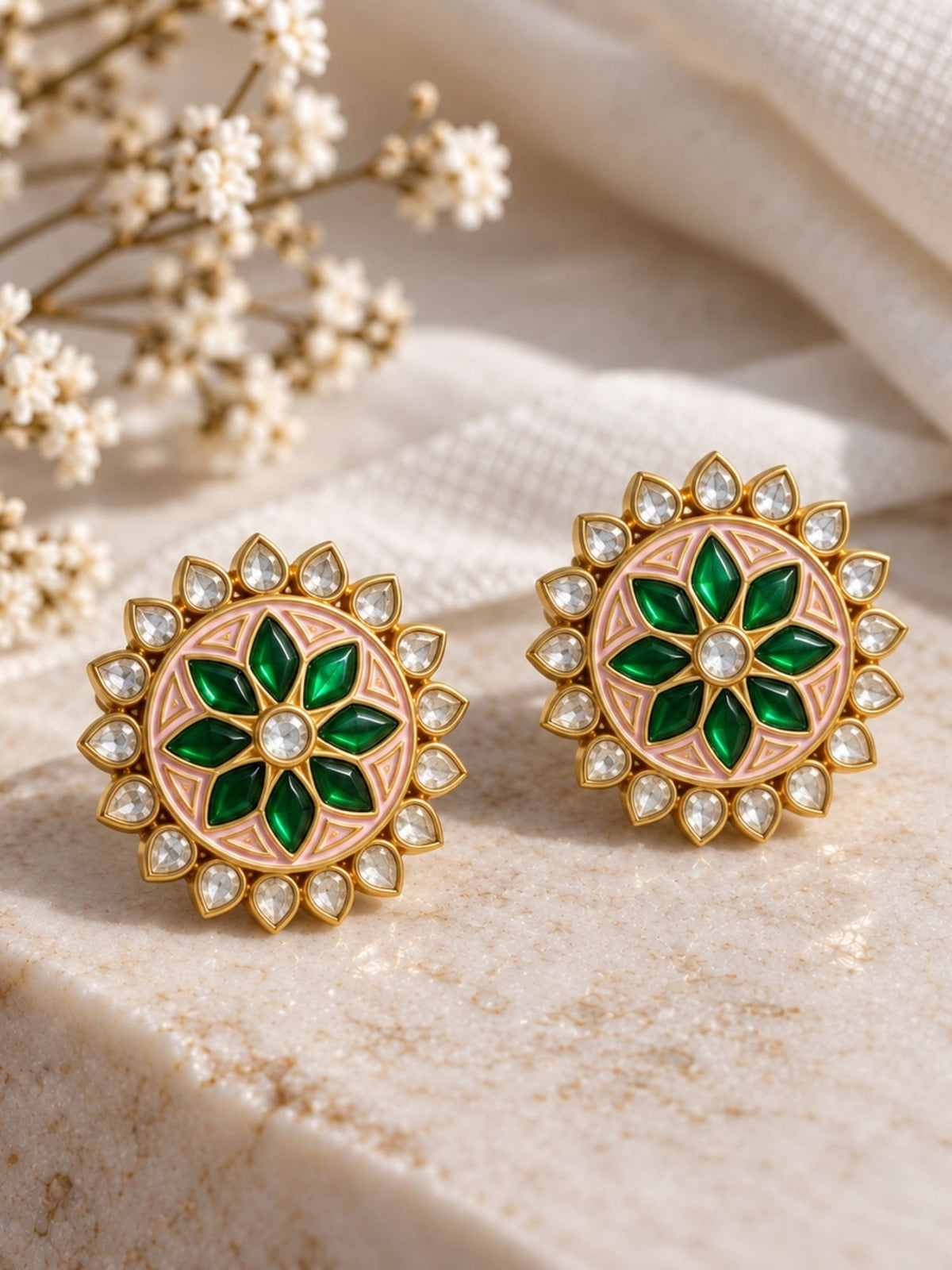 Green Meenakari Kundan Floral Stud Earrings Gold Plated | Abdesigns
