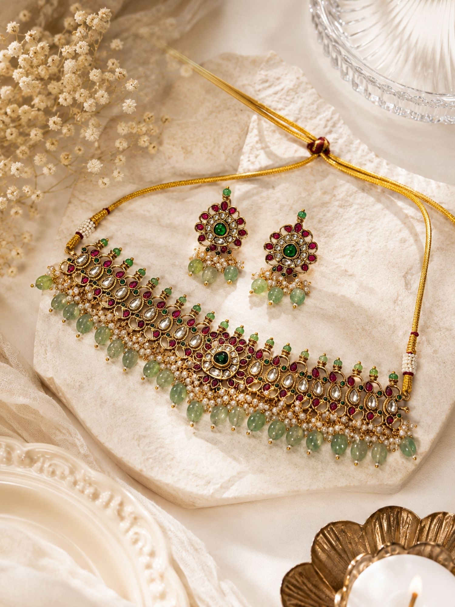 Abdesigns Kundan Kemp Stone Choker Green Bead Drops Necklace Set