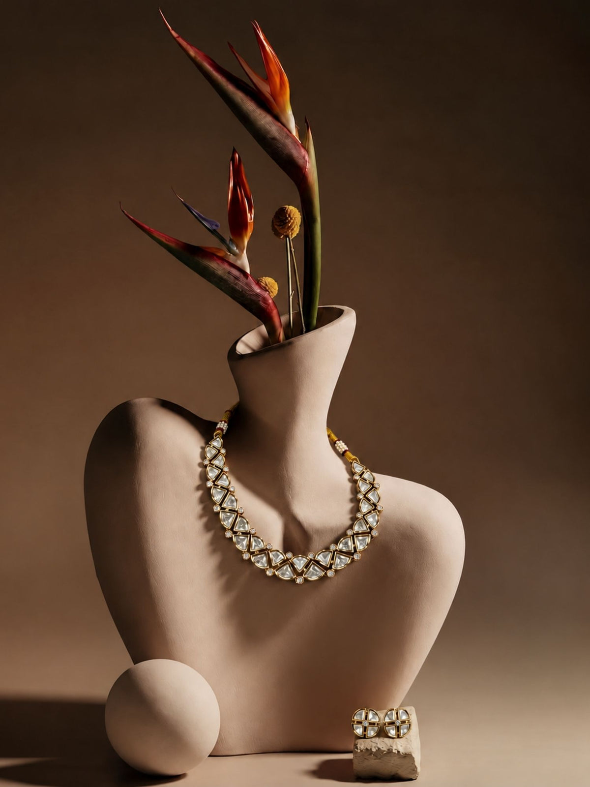 Kundan Polki Choker Necklace Set with Stud Earrings, Gold Plated