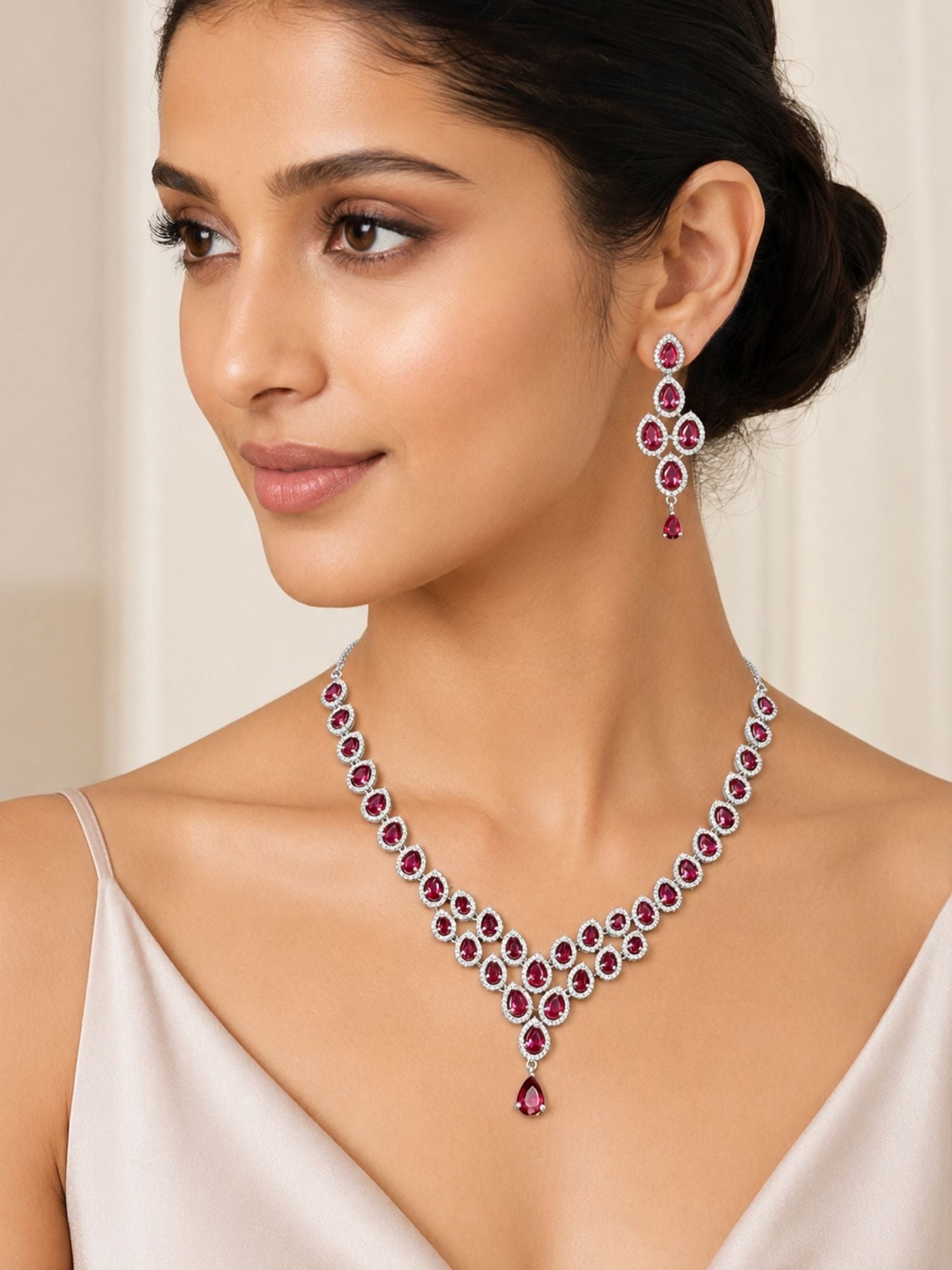Silver Tone Cz Ruby Necklace Set Elegant Glam | Abdesigns