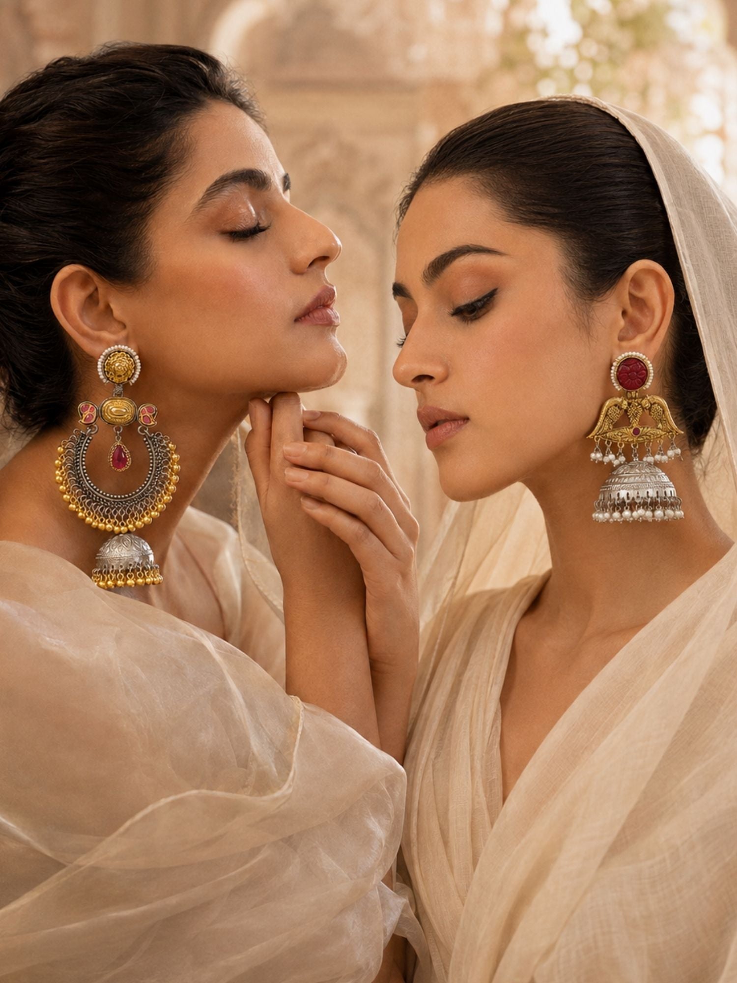 Dual Tone Pink Meenakari German Silver Jhumka Earrings Combo Set of 2 for Women