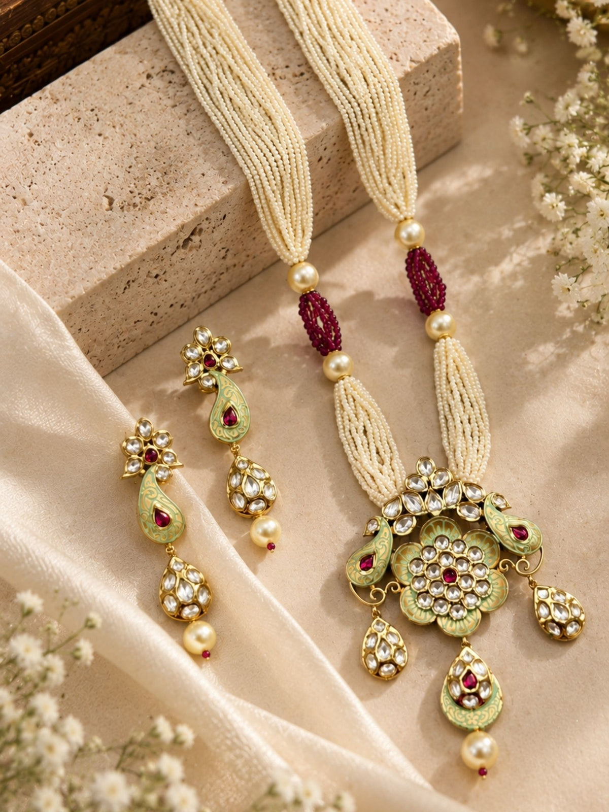 Meenakari Kundan Peacock Mala Necklace Set with Earrings