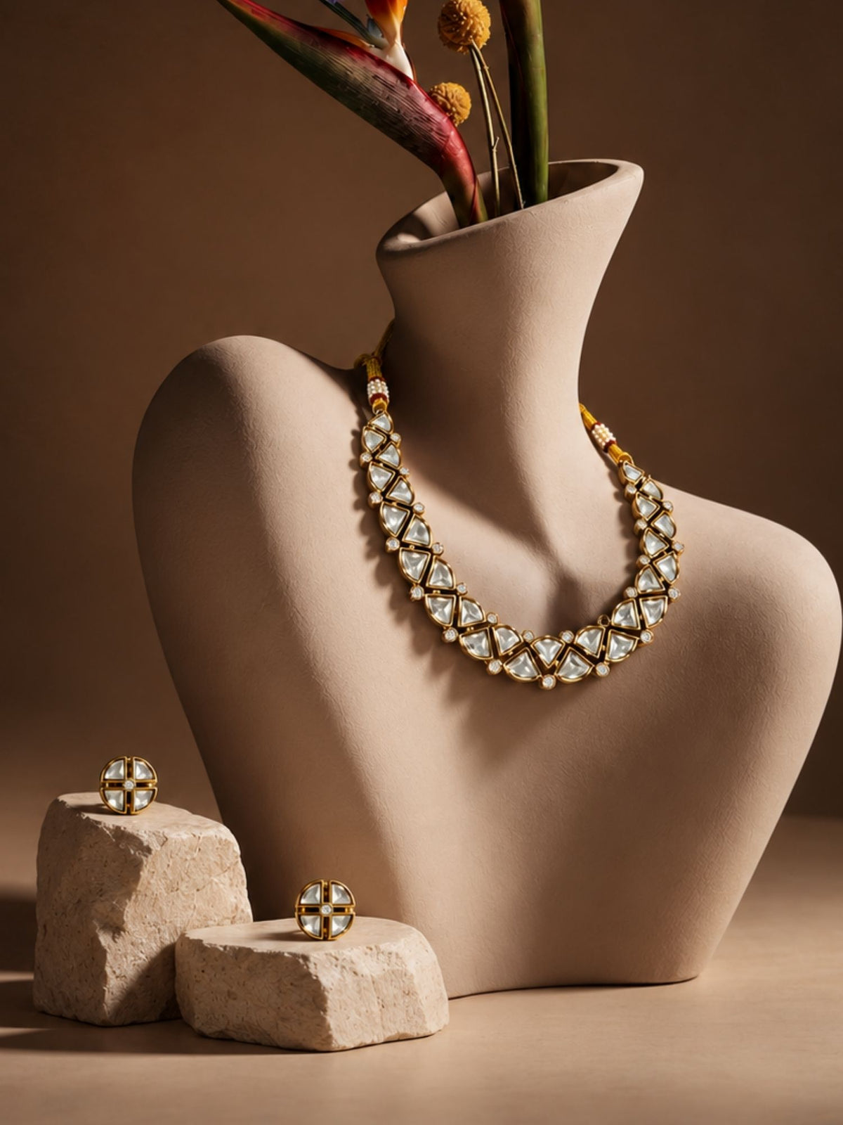 Kundan Polki Choker Necklace Set with Stud Earrings, Gold Plated