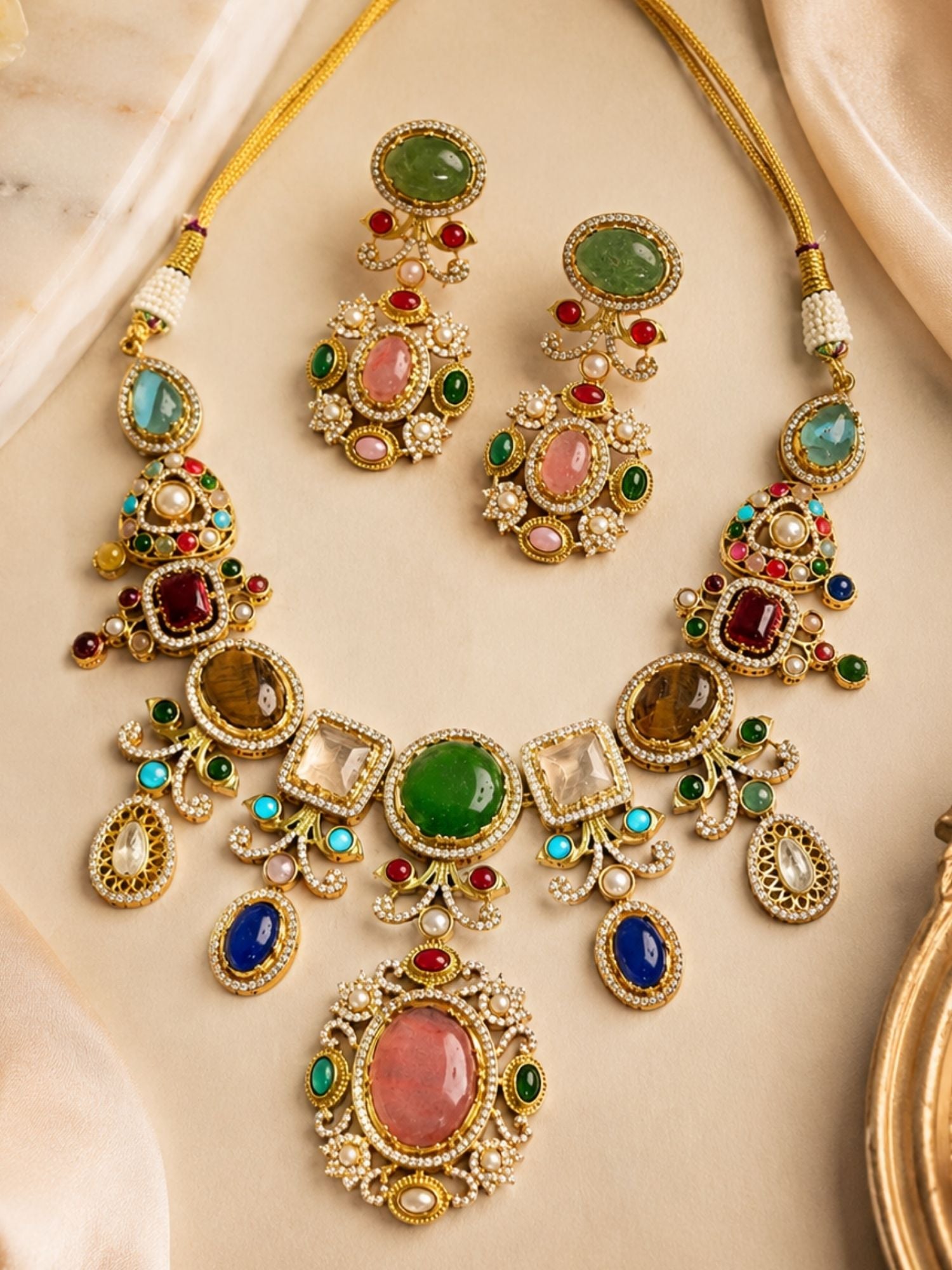 Multicolor Stone Pendant Choker Necklace Set | Abdesigns