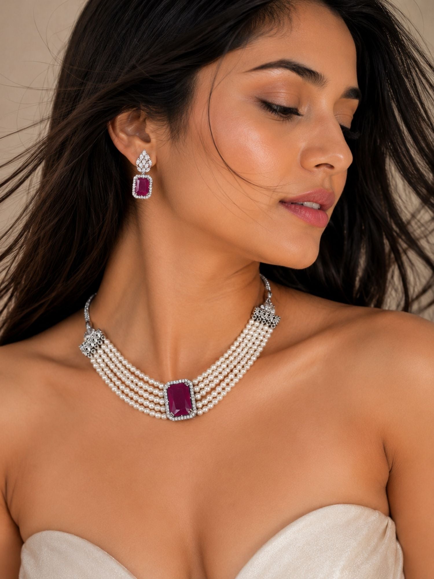 Ruby Pearl Choker Set in Silver Plating – Bridal | Abdesigns