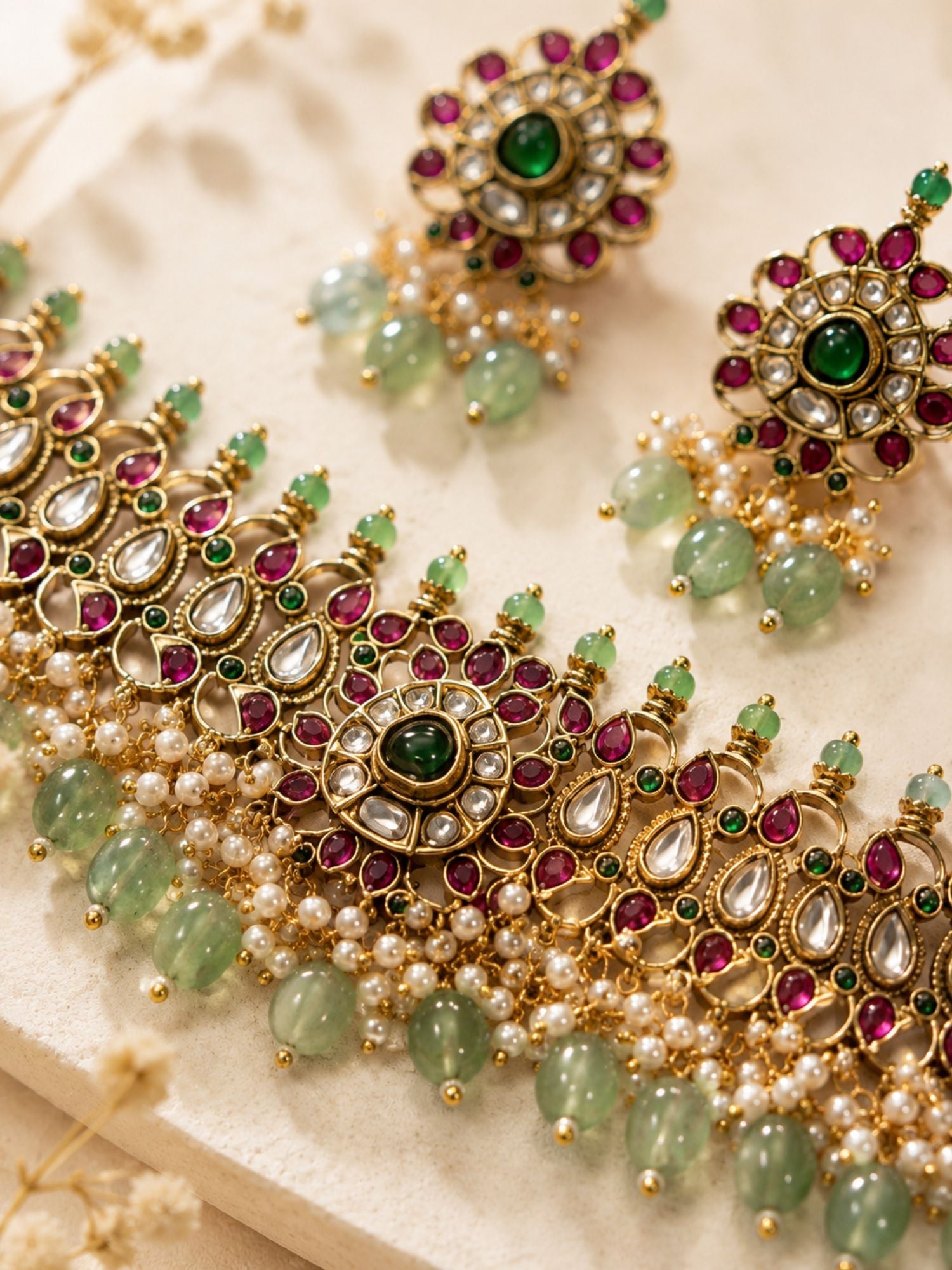 Abdesigns Kundan Kemp Stone Choker Green Bead Drops Necklace Set