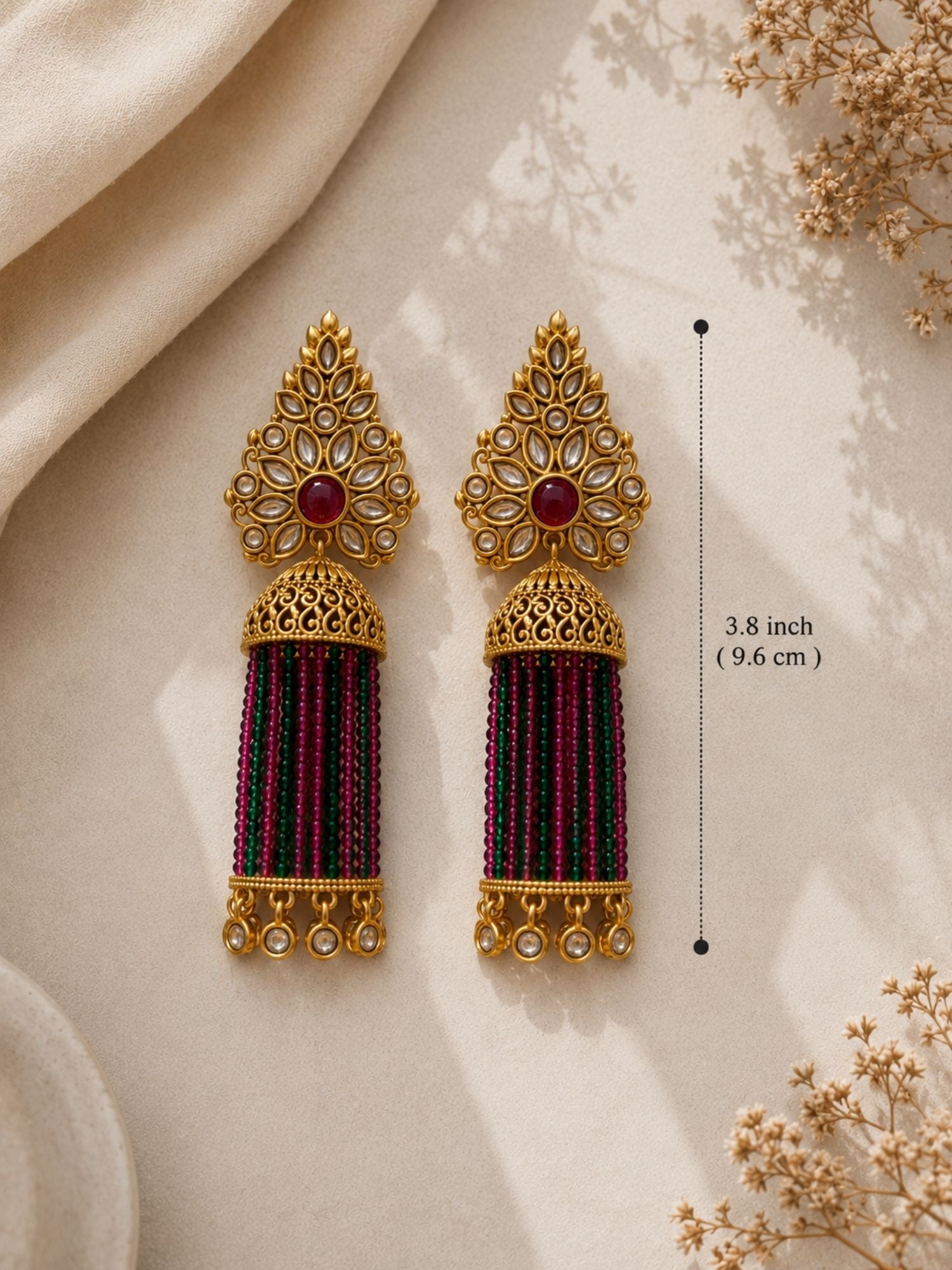 Traditional Pink Green Beaded Jhumka Earrings – Kundan Tassel Statement Earrings - earrings by Abdesigns Jewellery