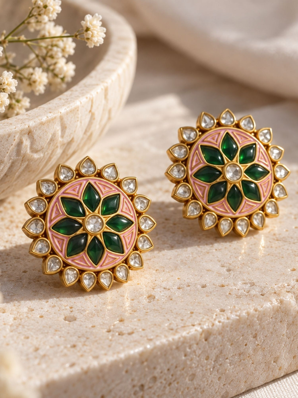 Green Meenakari Kundan Floral Stud Earrings Gold Plated | Abdesigns