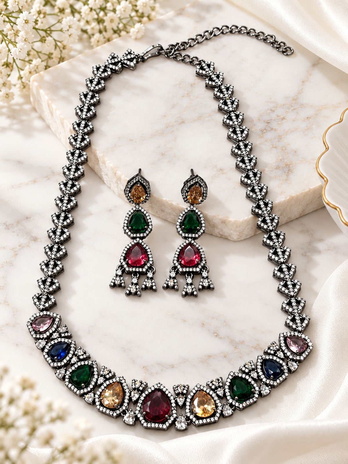 Victorian Black Silver Plated Multicolor AD Stone Teardrop Necklace Set