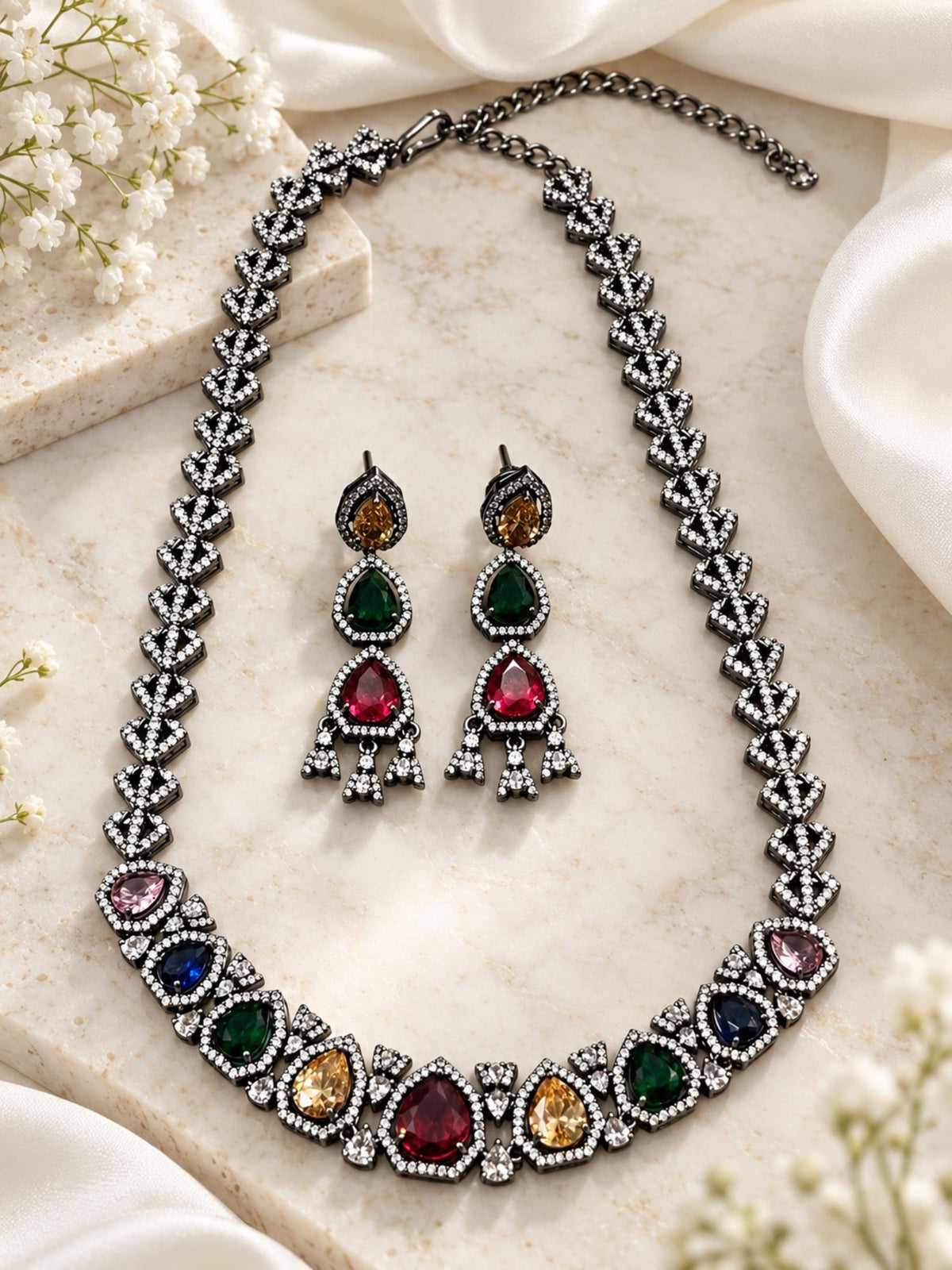 Victorian Black Silver Plated Multicolor AD Stone Teardrop Necklace Set