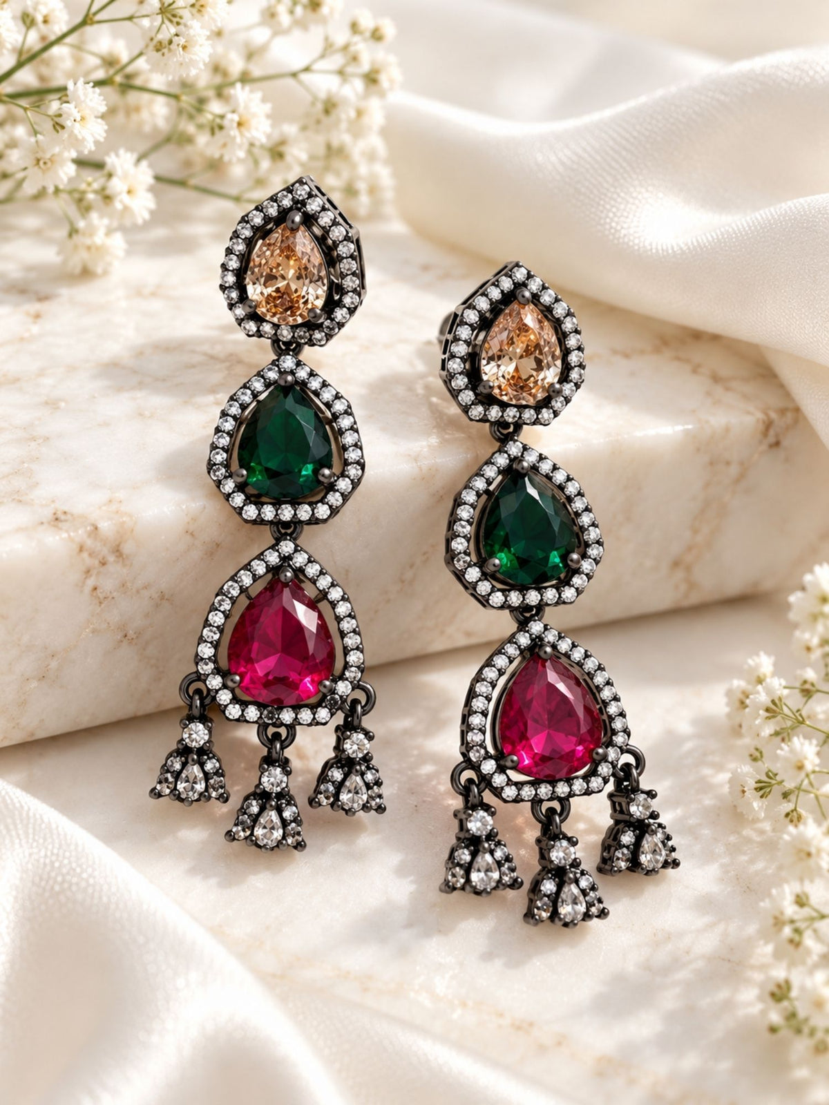 Victorian Black Silver Plated Multicolor AD Stone Teardrop Necklace Set