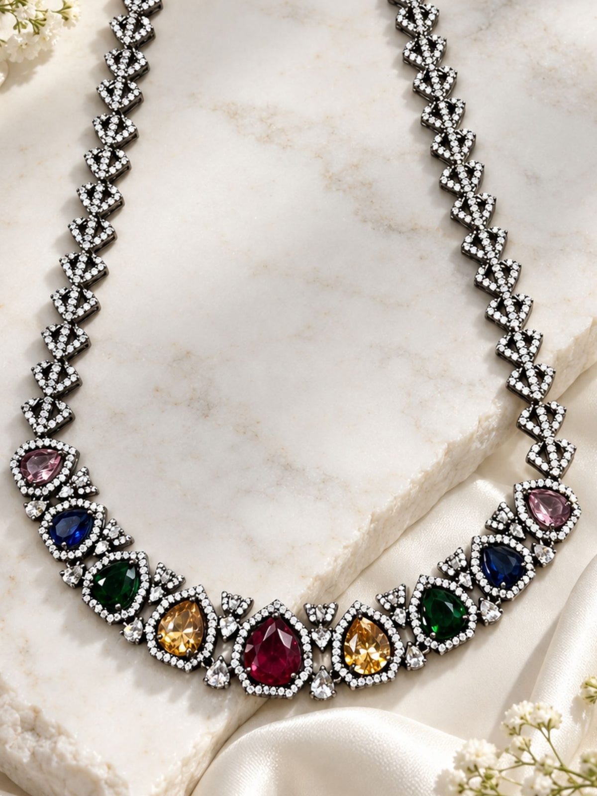 Victorian Black Silver Plated Multicolor AD Stone Teardrop Necklace Set