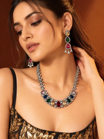 Victorian Black Silver Plated Multicolor AD Stone Teardrop Necklace Set
