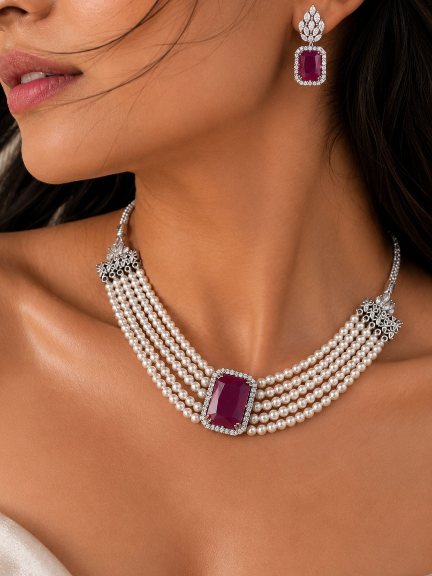 Ruby Pearl Choker Set in Silver Plating – Bridal | Abdesigns