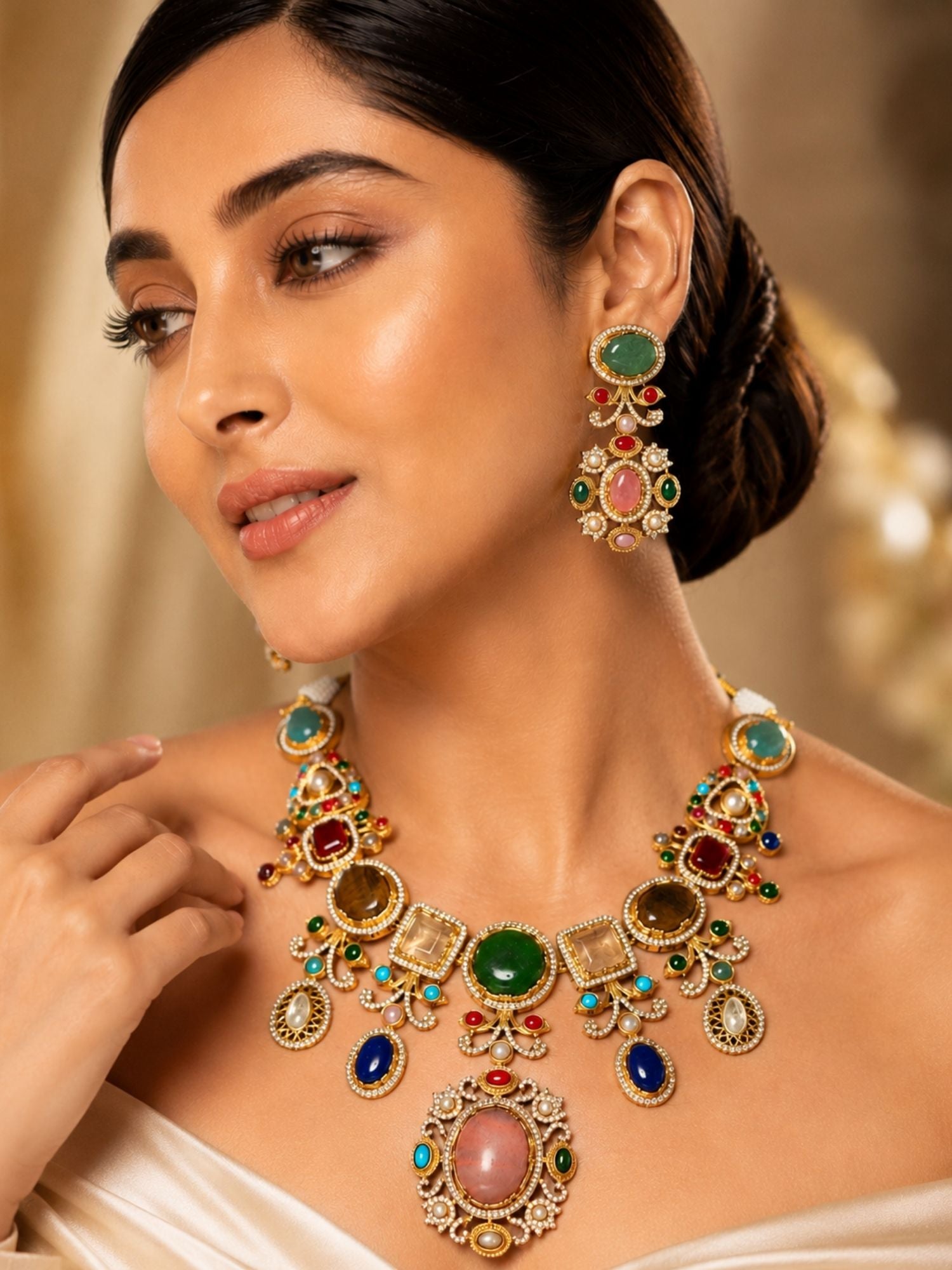 Multicolor Stone Pendant Choker Necklace Set | Abdesigns