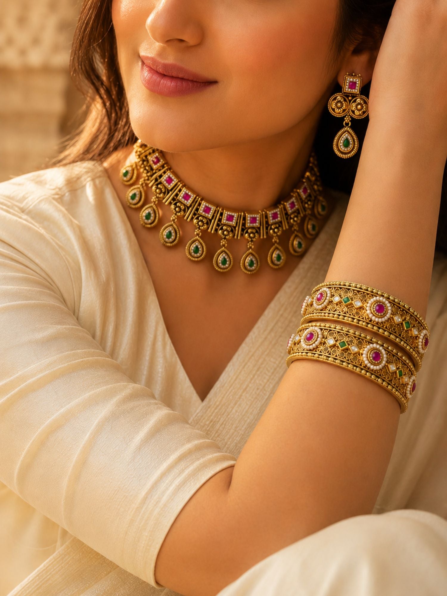 Antique Gold Plated Temple Necklace Set with Bangles Combo for Women