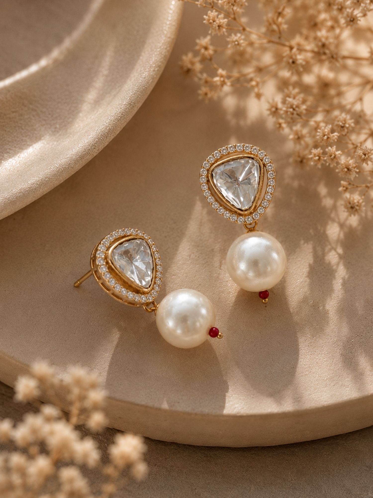 Combo Of Gold Plated Kundan Pearl & Green Bead Earrings