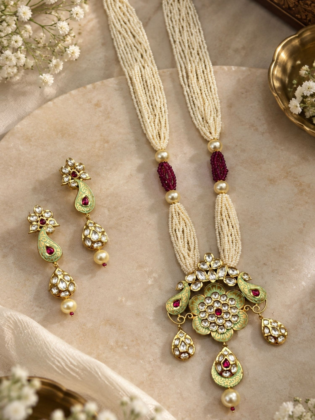 Meenakari Kundan Peacock Mala Necklace Set with Earrings