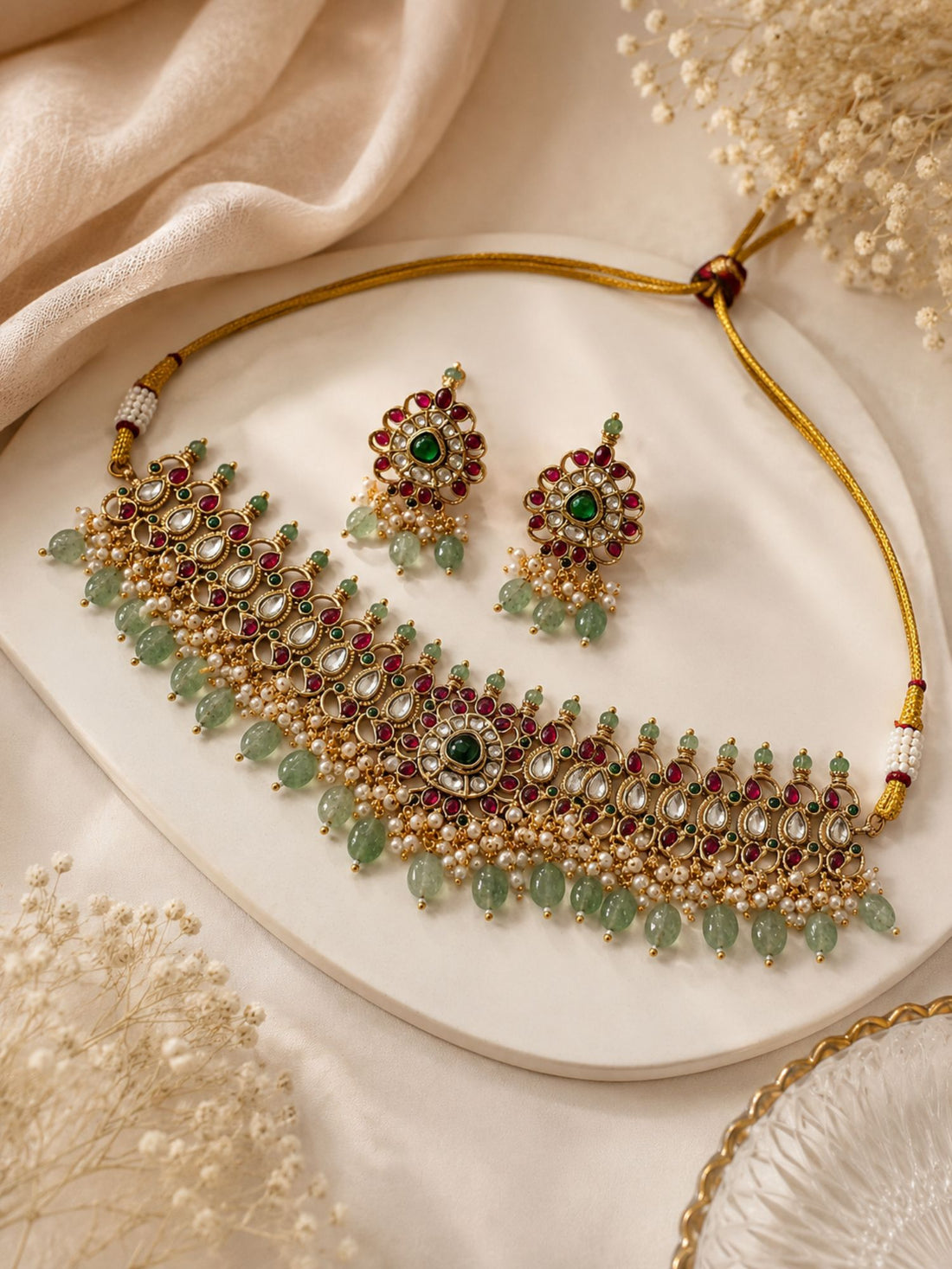 Abdesigns Kundan Kemp Stone Choker Green Bead Drops Necklace Set