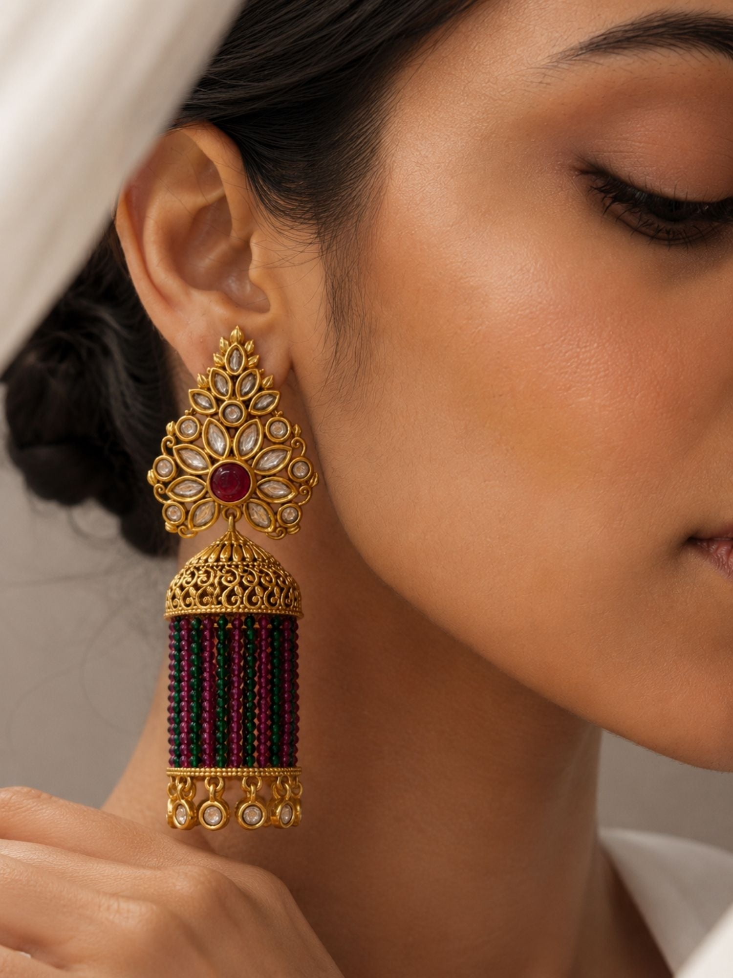 Traditional Pink Green Beaded Jhumka Earrings – Kundan Tassel Statement Earrings - earrings by Abdesigns Jewellery