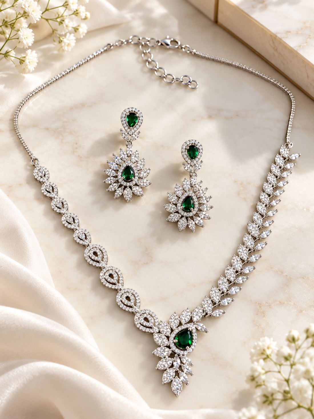 Silver Plated Green American Diamond Floral Necklace Set