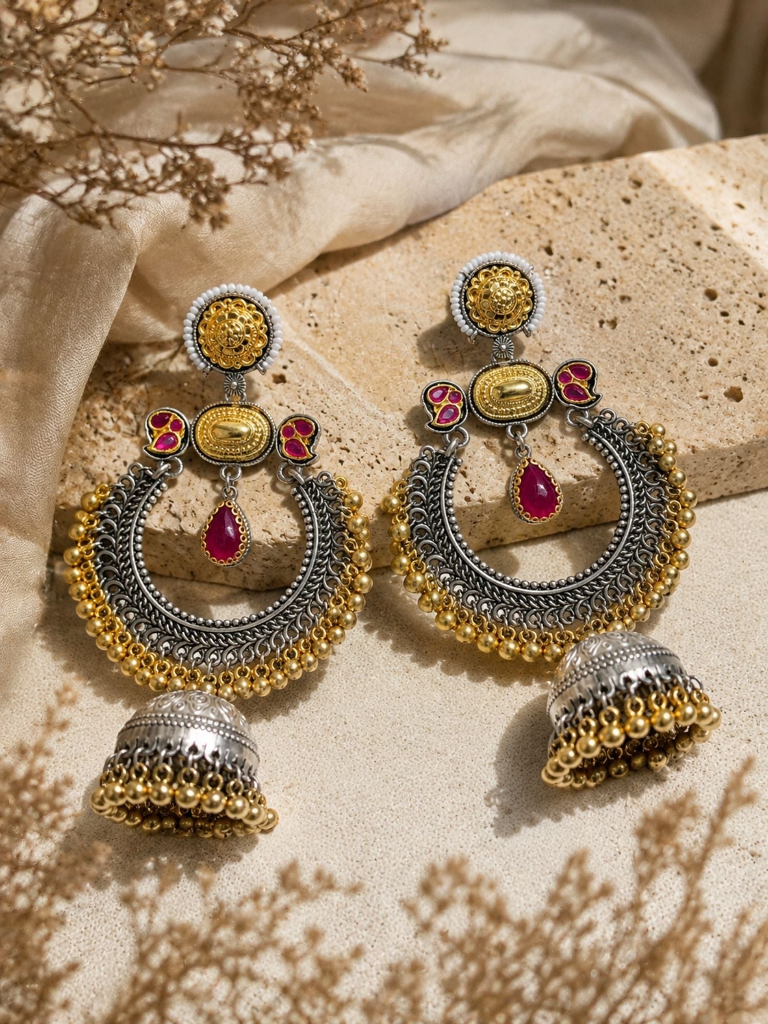Dual Tone Pink Meenakari German Silver Jhumka Earrings Combo Set of 2 for Women