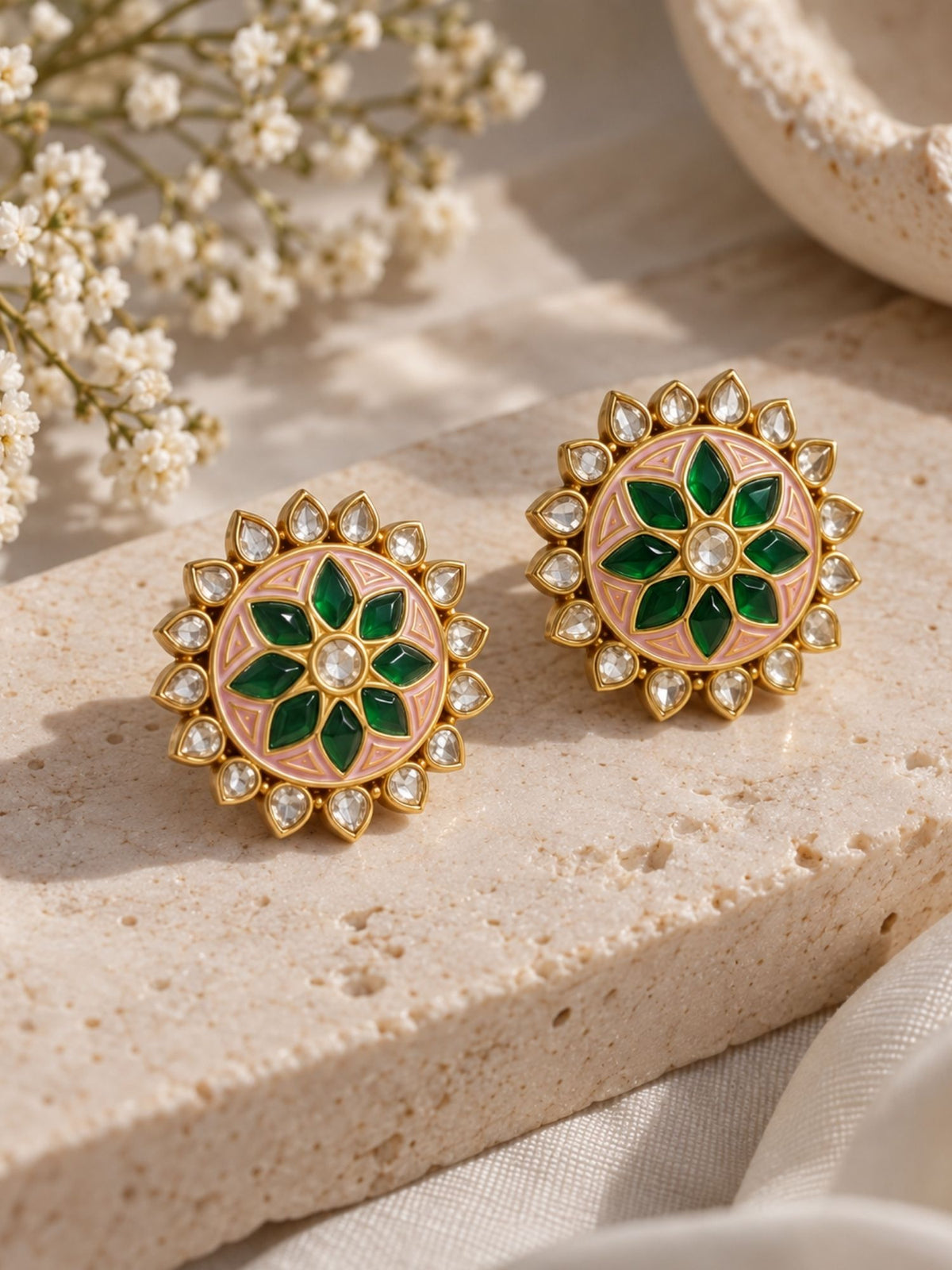 Green Meenakari Kundan Floral Stud Earrings Gold Plated | Abdesigns