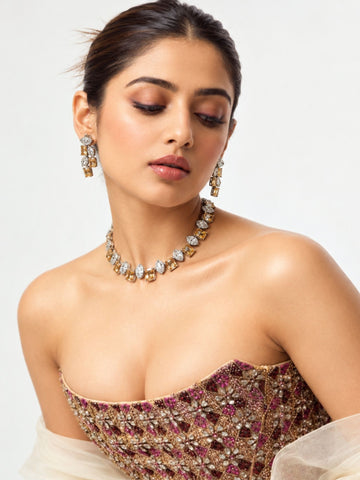 Silver Plated Champagne AD Stone Necklace Set with Earrings for Women