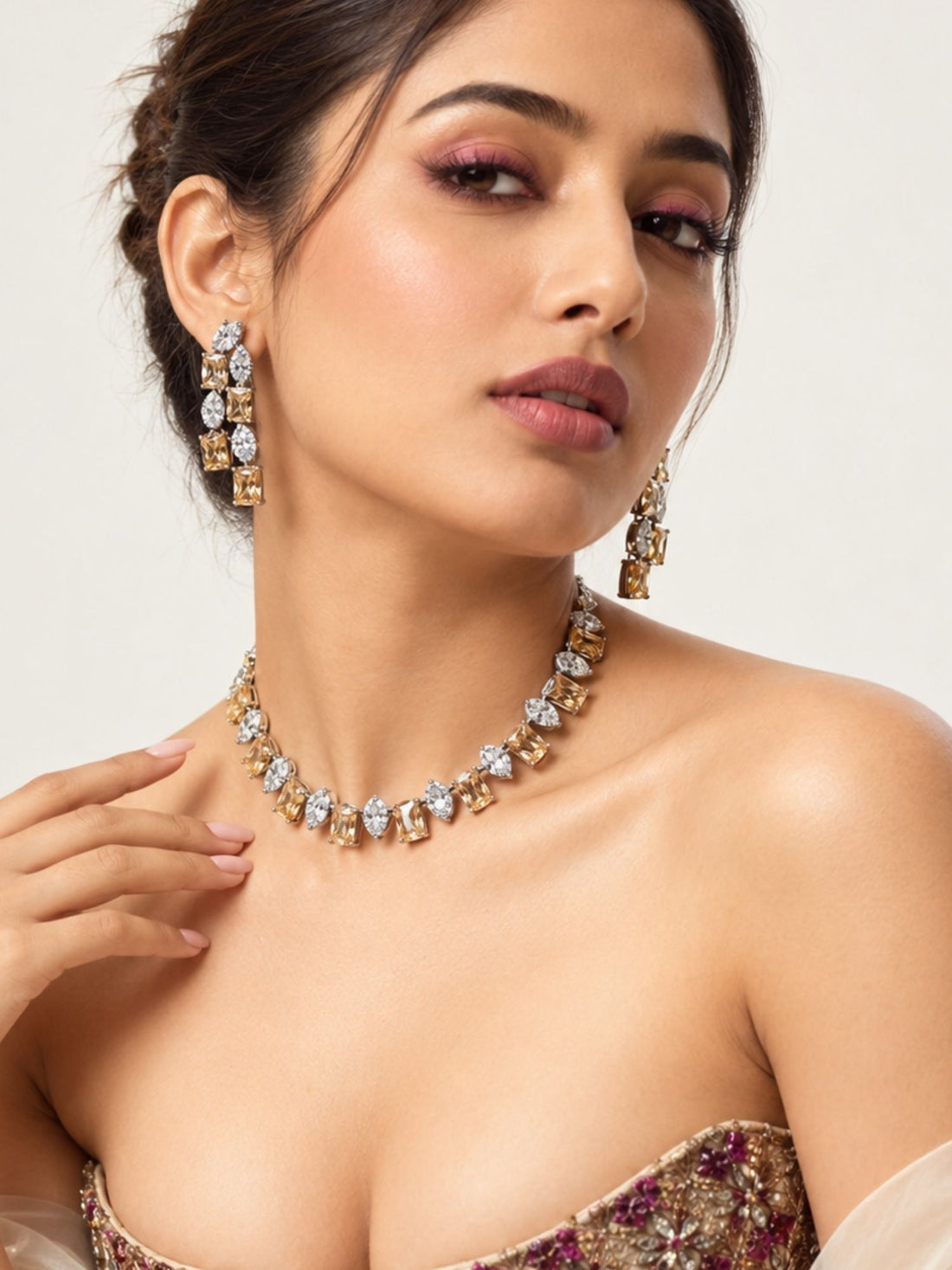 Silver Plated Champagne AD Stone Necklace Set with Earrings for Women