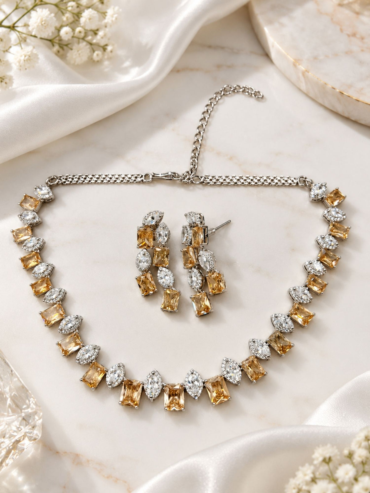 Silver Plated Champagne AD Stone Necklace Set with Earrings for Women
