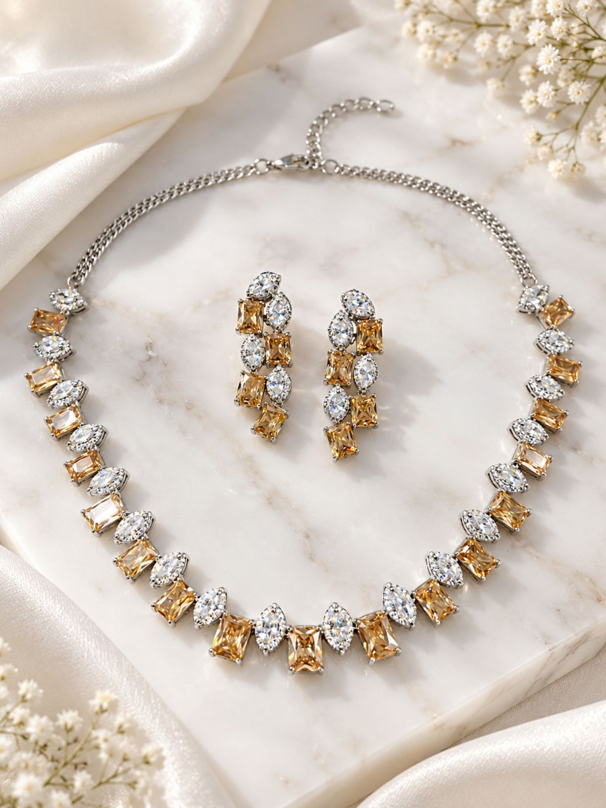 Silver Plated Champagne AD Stone Necklace Set with Earrings for Women