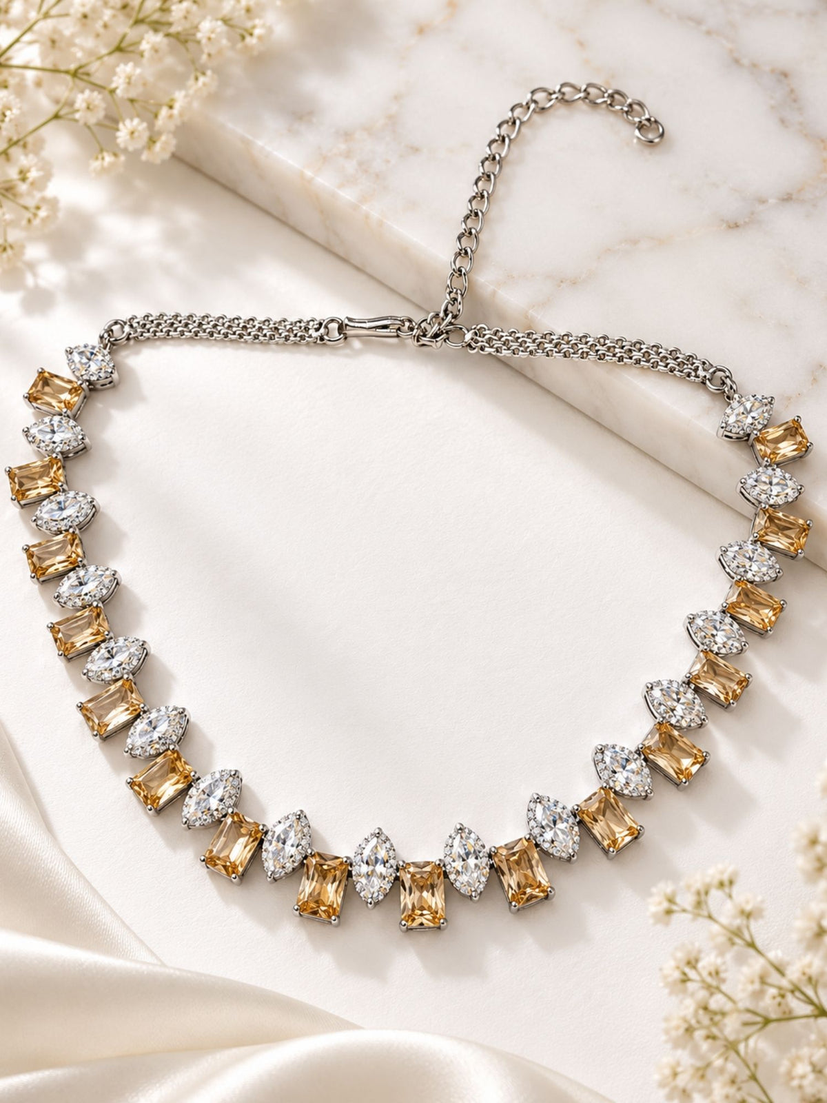 Silver Plated Champagne AD Stone Necklace Set with Earrings for Women