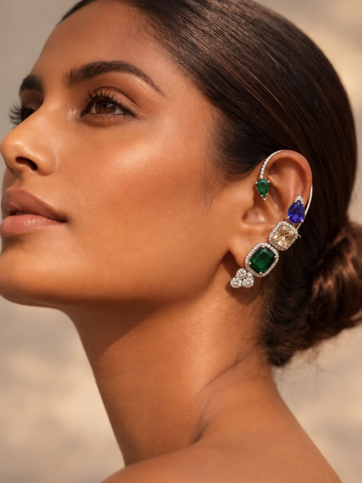 Silver Plated Multicolor AD Stone Statement Ear Cuff Earring for Women