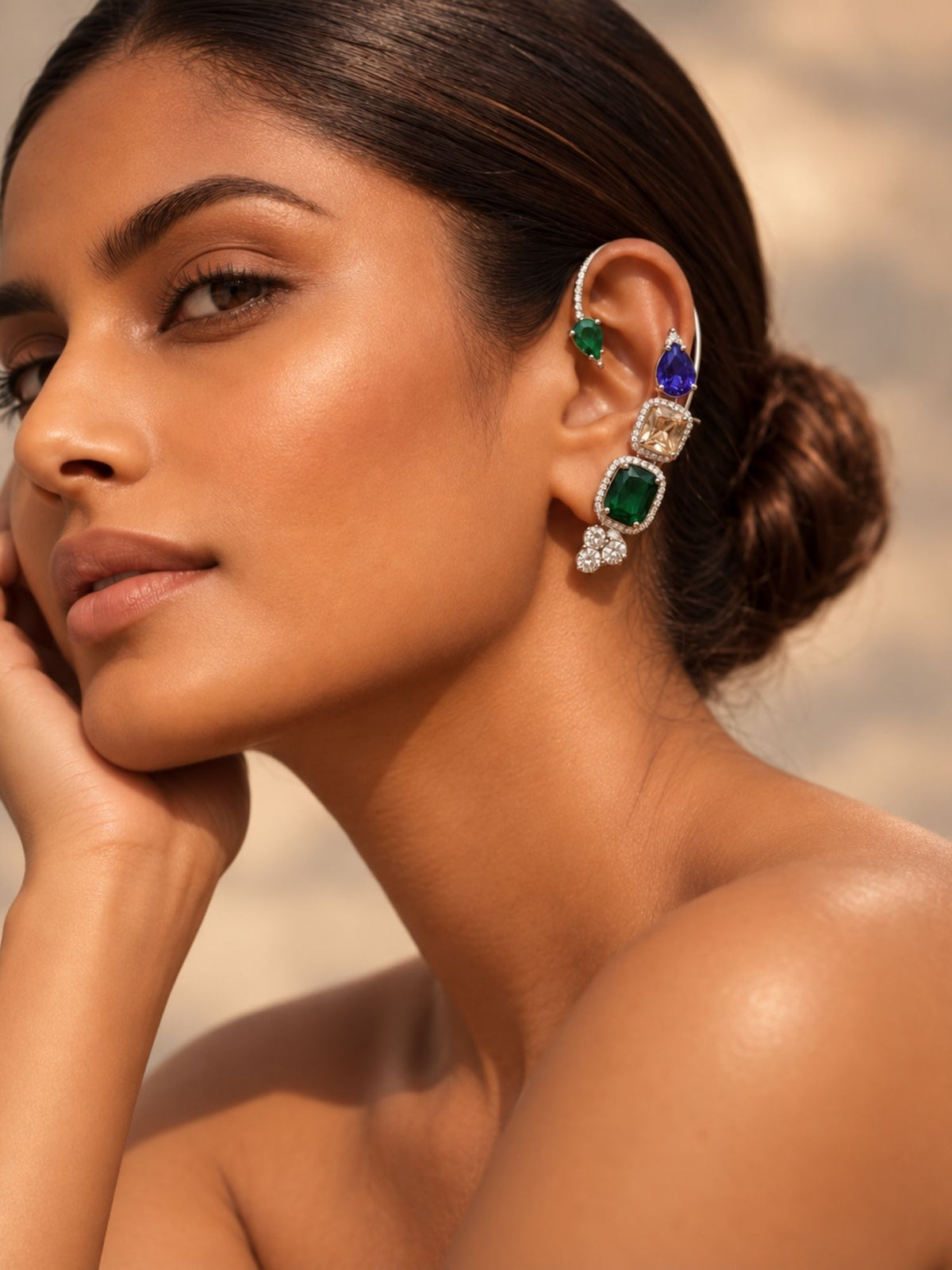 Silver Plated Multicolor AD Stone Statement Ear Cuff Earring for Women