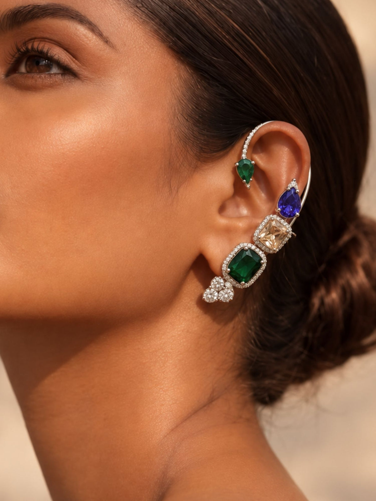 Silver Plated Multicolor AD Stone Statement Ear Cuff Earring for Women
