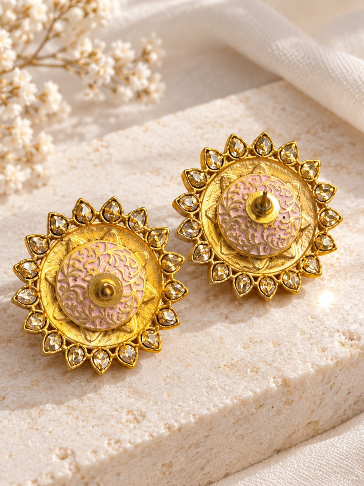 Green Meenakari Kundan Floral Stud Earrings Gold Plated | Abdesigns